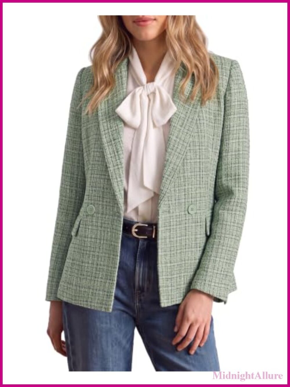Tweed Blazer Double Breasted Notch Lapel Padded Shoulder Work Suit Jacket